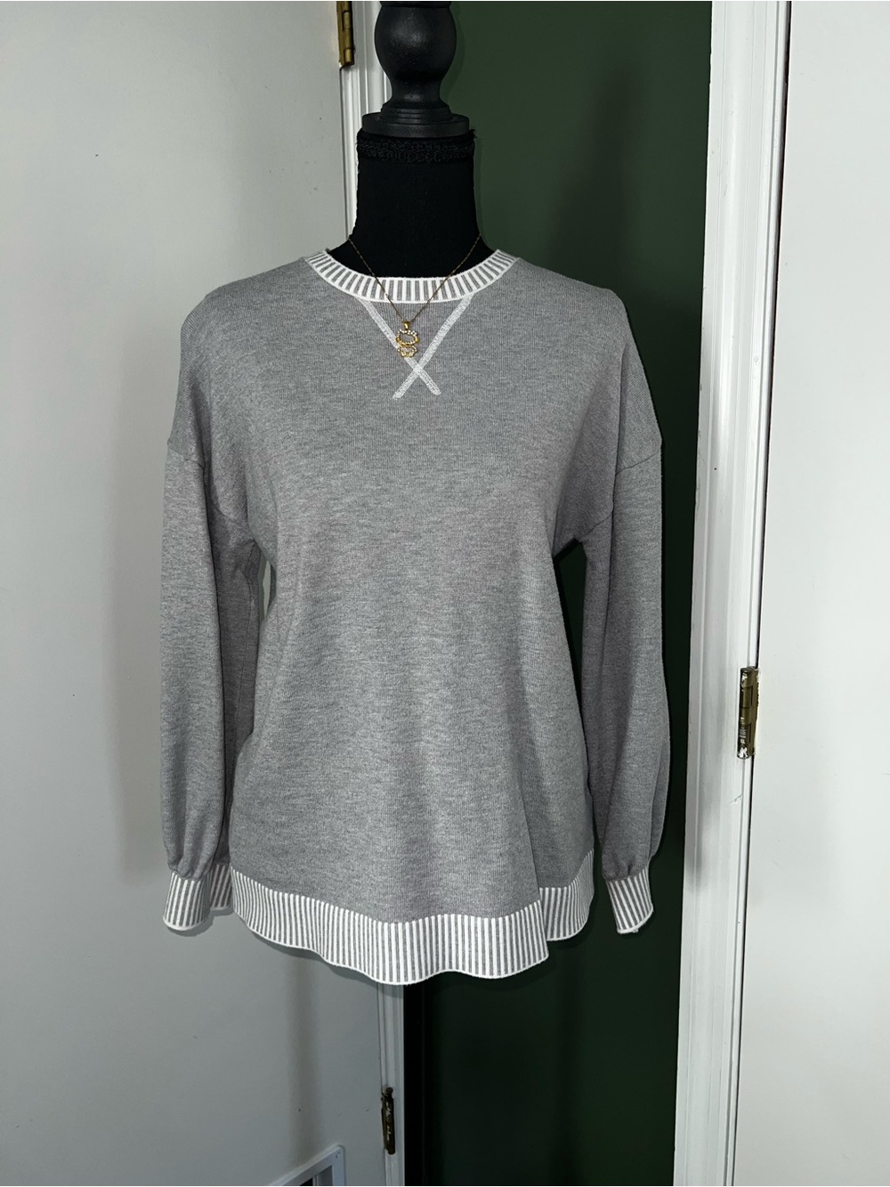Women's Gray Crewneck Sweater with Striped Trim